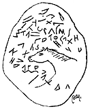 gravure de cheval  et inscription sur galet