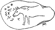 gravure de cheval  et inscription sur galet