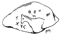 gravure de cheval  et inscription sur galet